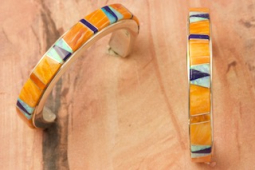 Calvin Begay Genuine Spiny Oyster Shell Sterling Silver Hoop Earrings
